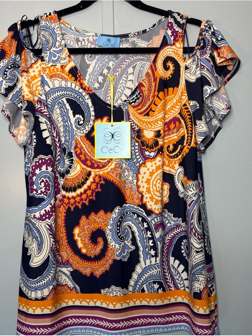 CeCe Navy Paisley Cold-Shoulder Tunic with Orange and Cream Accents